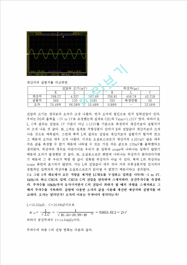 [자연과학] 실험보고서 -  RLC 회로의 과도응답 및 정상상태응답.hwp